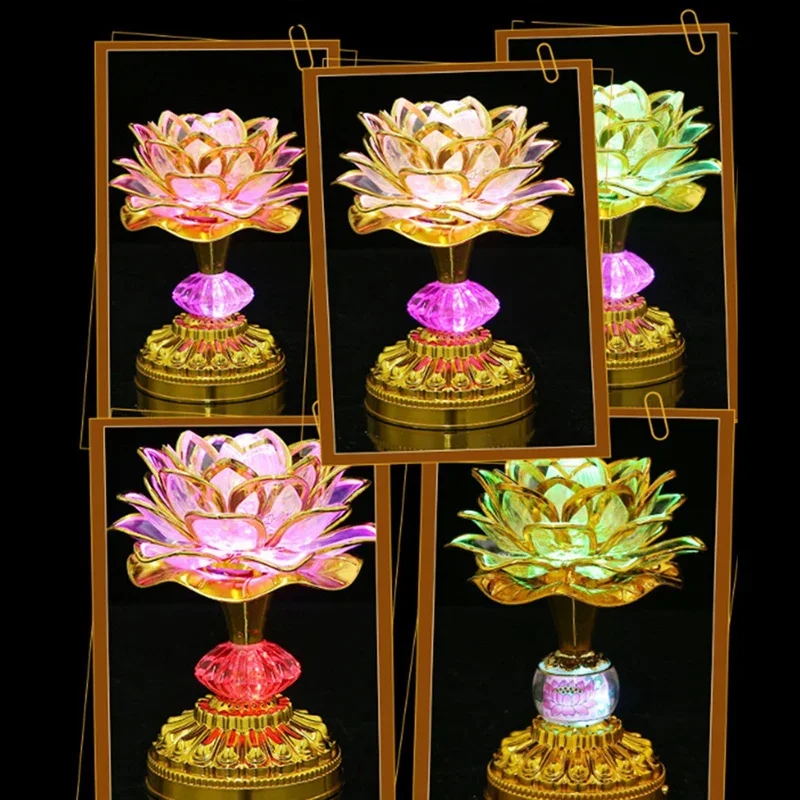 2 sztuki LED Lotus Buddhist Lights Buddha Lotus Lamps Plug In lub Battery-Operated Buddhist Lamp US Plug Gold 58 Songs