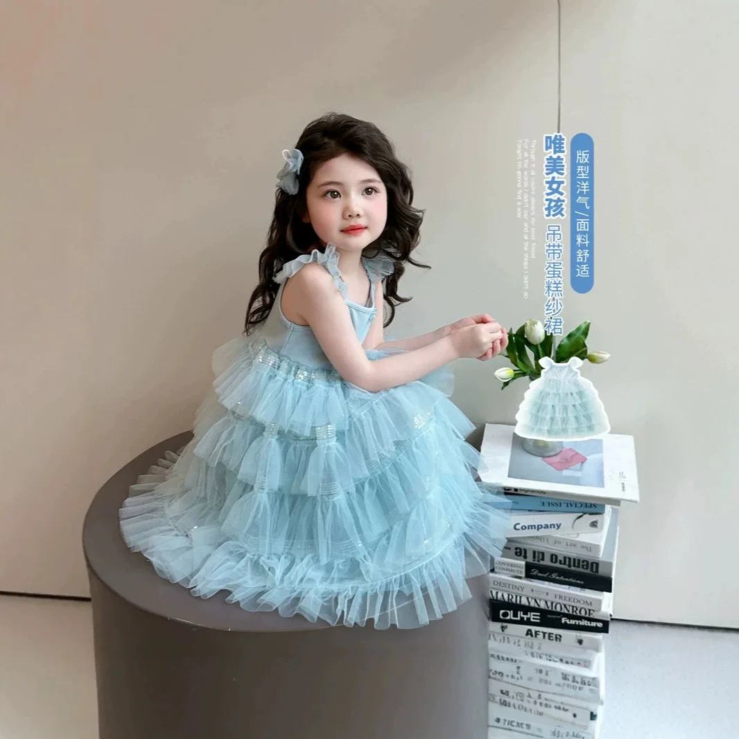 New summer suspender cake skirt girls princess gauze birthday dress yarn