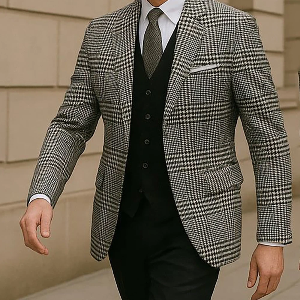 

Elegant Men Suit Houndstooth 3 Piece Set Winter Warm Wedding Dinner Formal Costume Slim Fit Business Blazer with Vest and Pant