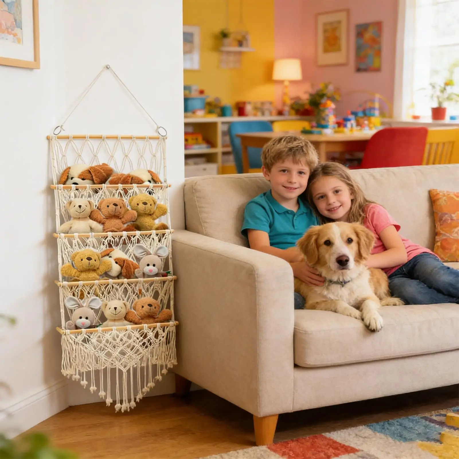 Stuffed Animal Storage Over The Door Boho 4-Layer Stuffed Toy Net Organizer Hangable Plush Doll Storage Net For Nursery Playroom