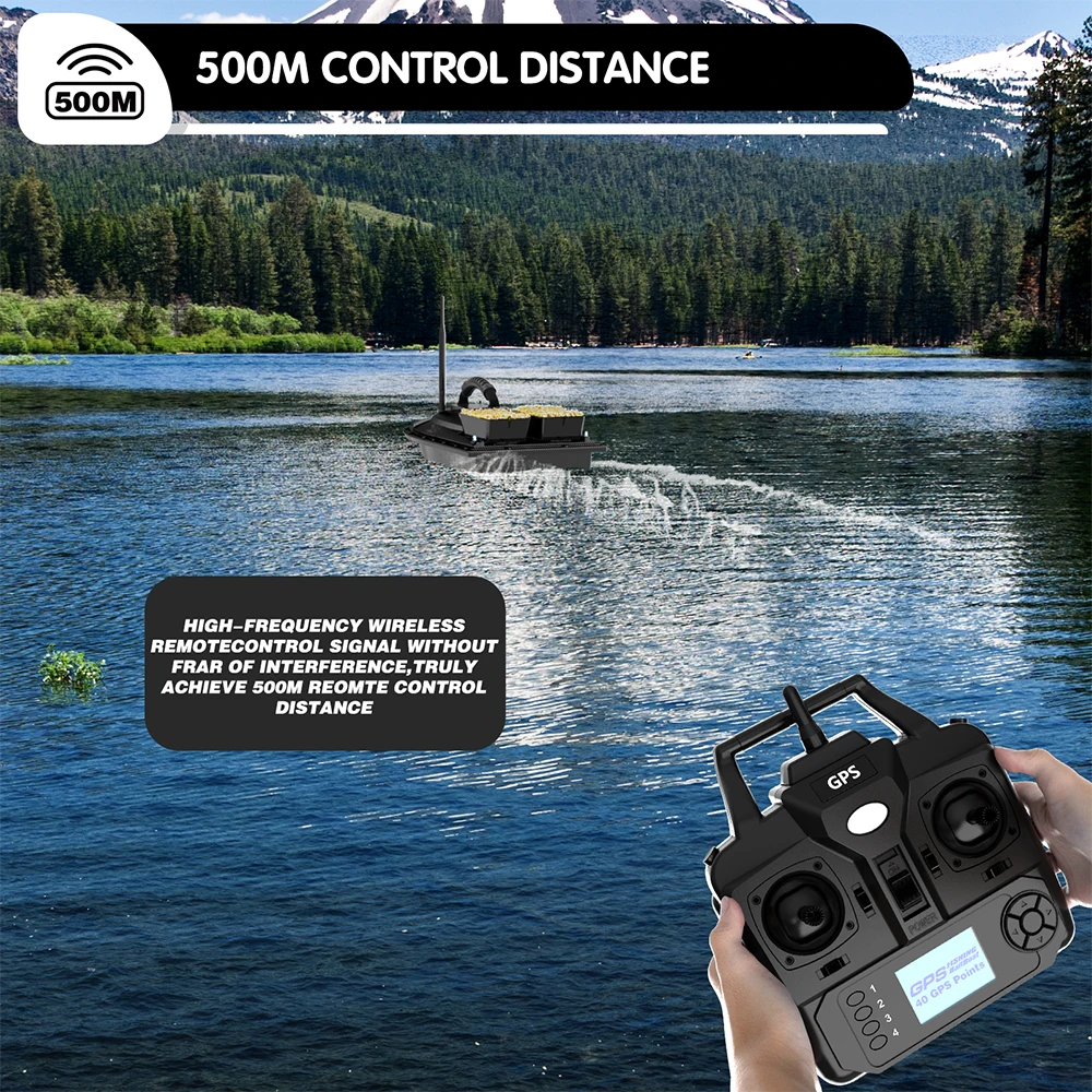 RC Bait Boat 500 Meters GPS 40 Point Positioning 2 Hoppers 1.5KG Automatic Return Searchlight for Nighttime Fishing Bait Boat