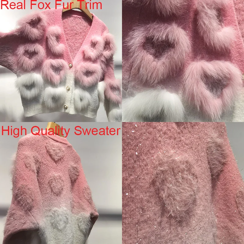 Women Lovely V-neck Loose Knitted Cardigan With Real Fox Fur Trim Loose Love Sewed Female Long Sleeve Warm Hit Color Sweater