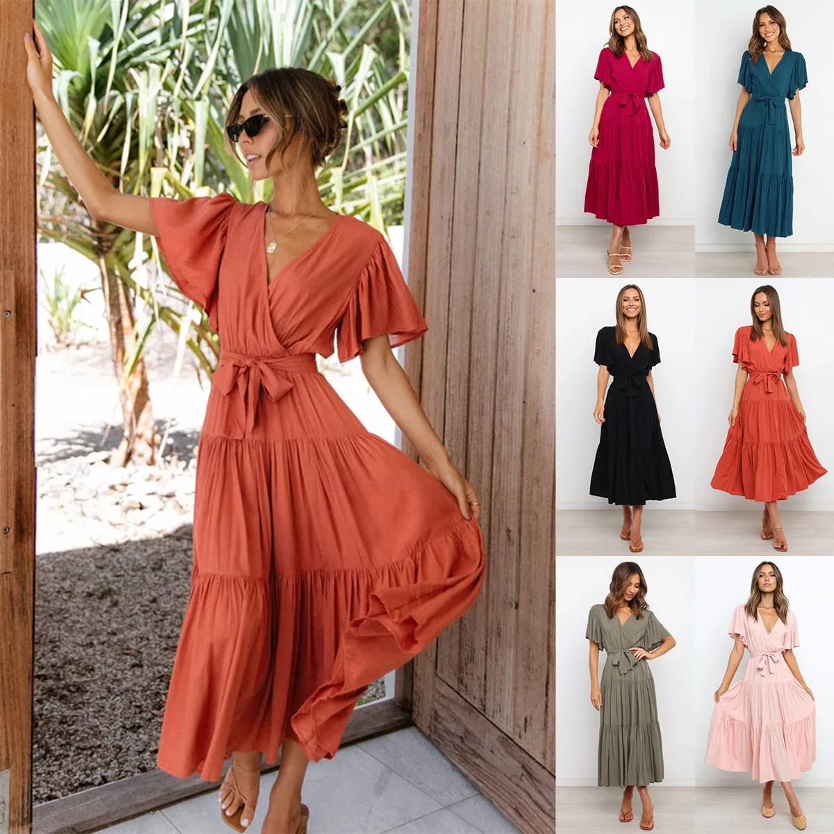 

Woman's Long Dress Lady Pleated Sleeve Loose Summer Dress for Traveling Vacation Working