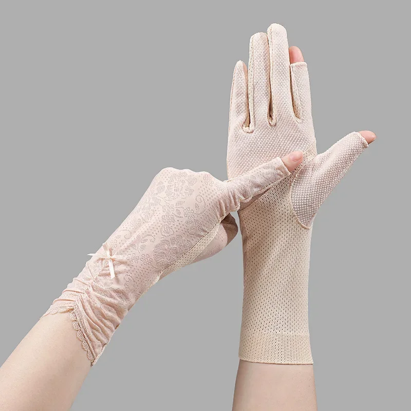 Ice Half Finger Spring Summer Thin Long Lace Outdoor Riding Driving Women\'s Sunscreen Gloves Fingerless Gloves Black Gloves