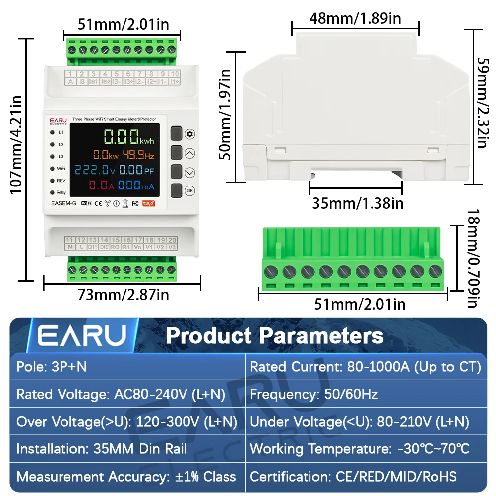 EARU Three Phase Tuya Smart WiFi Bidirectional Energy Meter 3 CT Clamp Leakage Over Under Voltage Current Protector Relay Switch