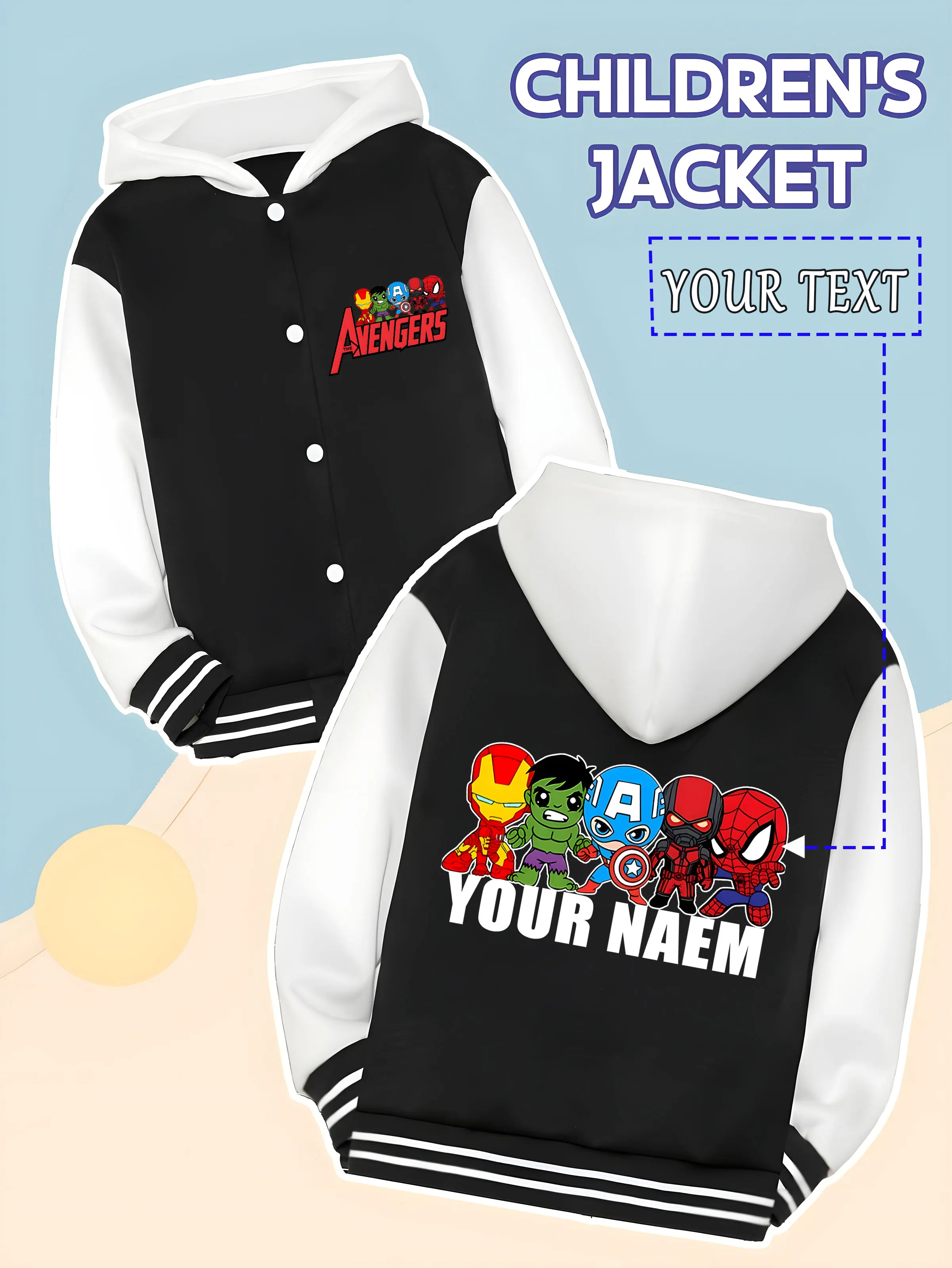 

MINISO Marvel Boys Baseball Jacket - Avengers Q-version hero print, cute and adorable, very colorful for daily wear in spring an