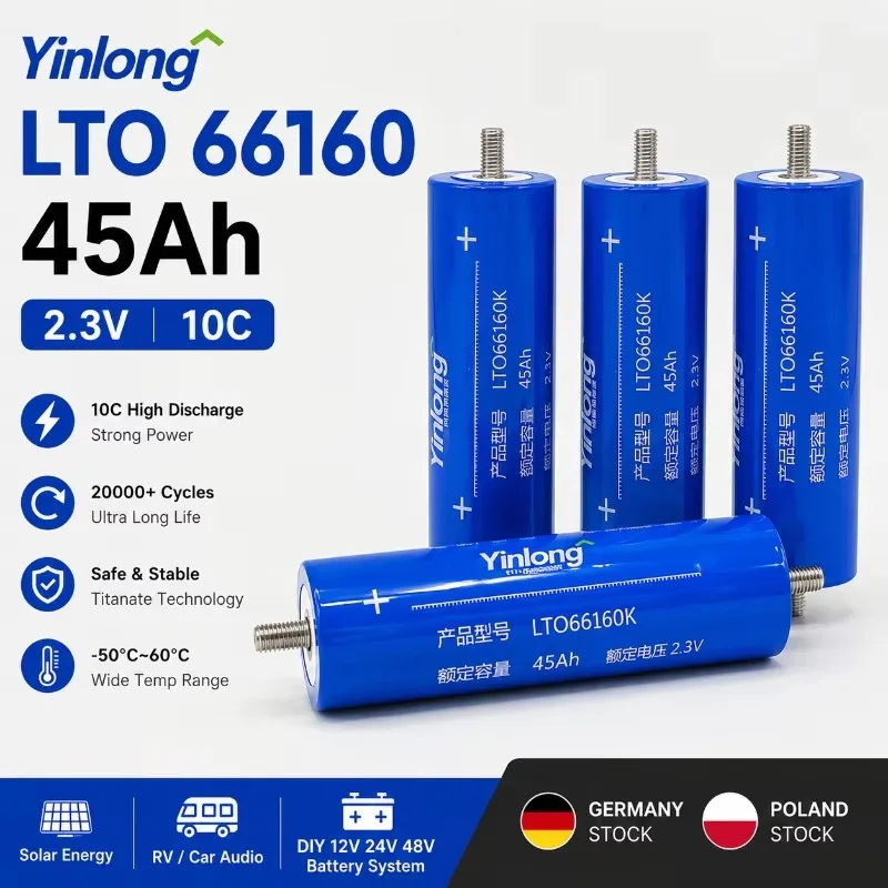 Yinlong 2.3V 45Ah LTO Lithium-Titanat-Batterie 66160 Zelle DIY 12V 24V 48V Solar-Energiespeicherpack für Wohnmobile, Camper, Elektrofahrzeuge, Auto-Audio-Backup-Stromversorgung, wiederaufladbare