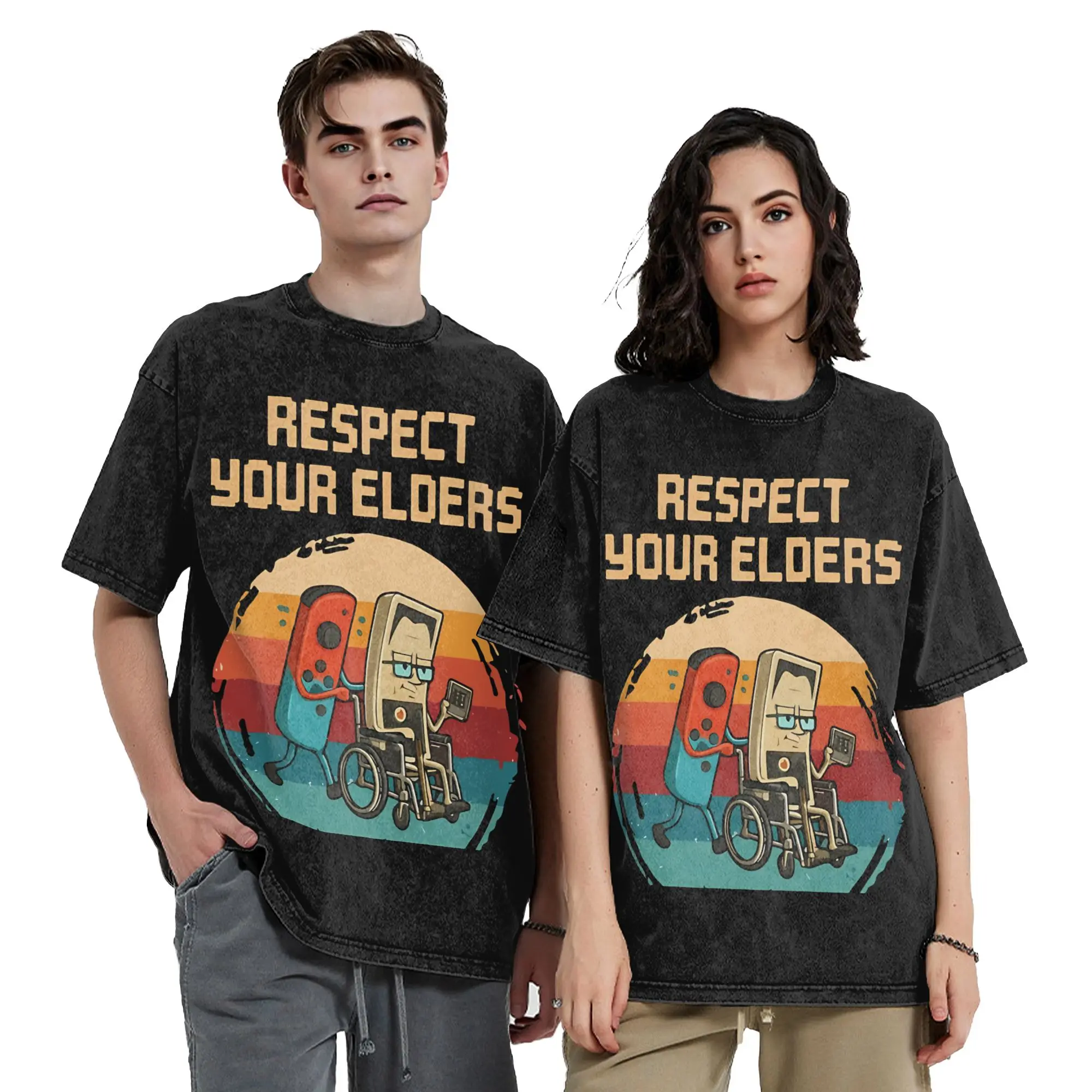 Respect Your Elders Gaming Control Retro Vintage Washed T Shirt Men Cotton Top Tee Vintage Video Game  O-neck Short Sleeve