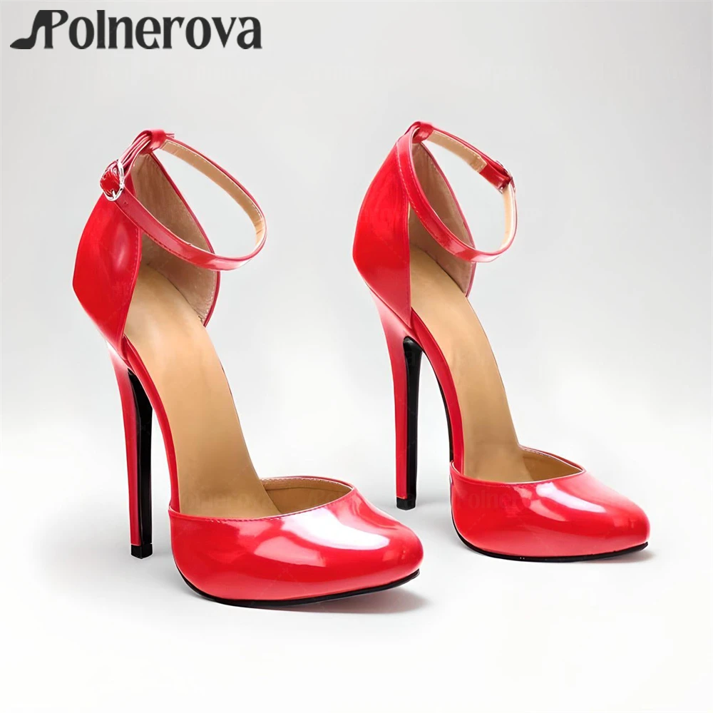 14cm Red Patent Leather Pumps Ankle Buckle Pointed Toe High Heels Designer Style Sexy Stilettos for Women Custom Color Handmade