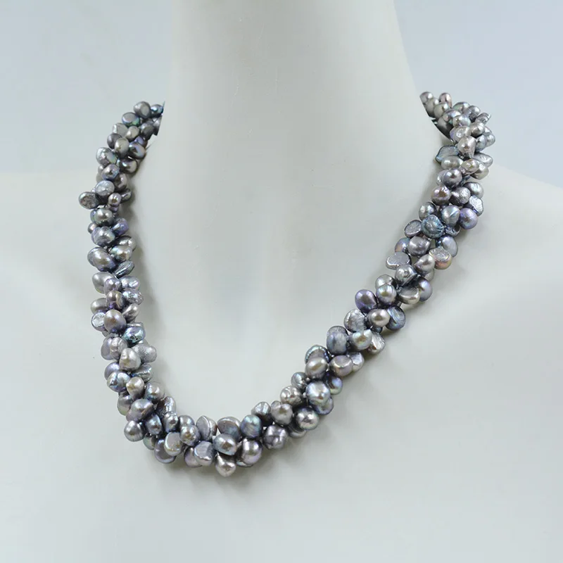 7MM 3-Strand High Quality Natural Grey Baroque Pearl Necklace. Charming Women's Party Classic Jewelry 48CM