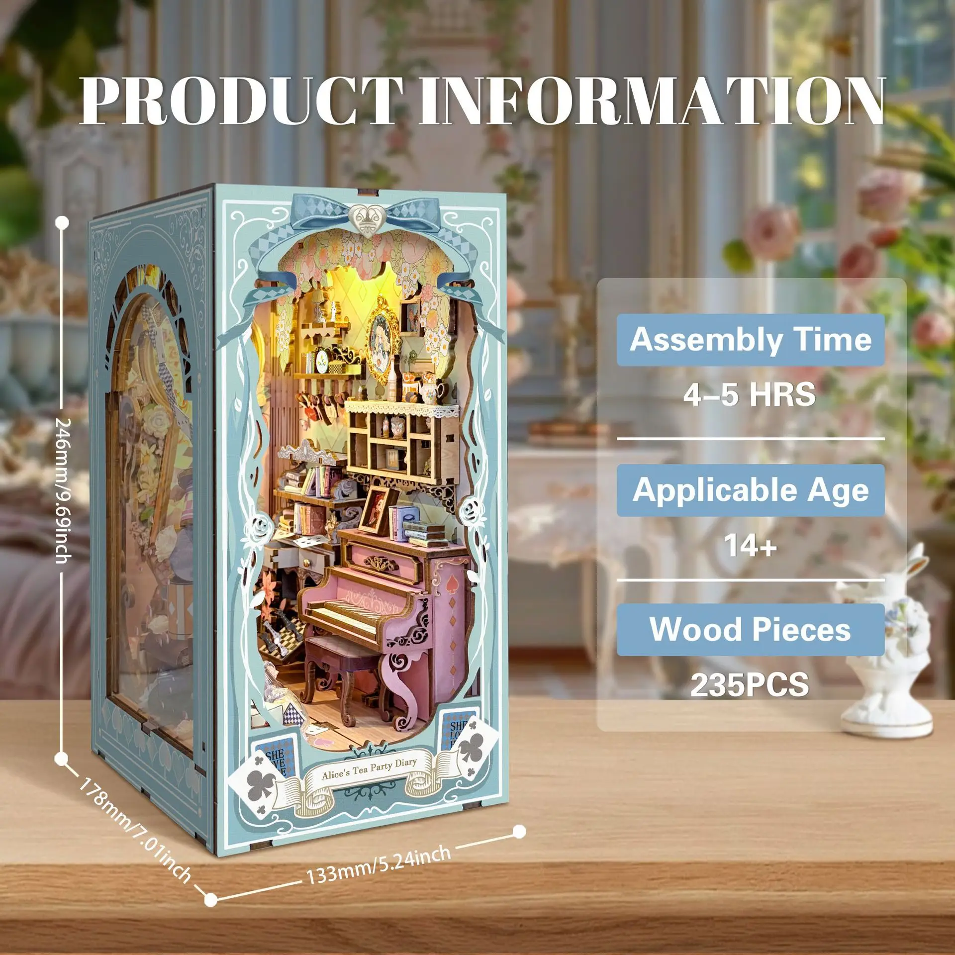 

OUZEY 3D Wooden Book Nook DIY Kit - “Enchanted Tea Garden” Miniature Model with LED, Bookshelf Decor Gift for Adults