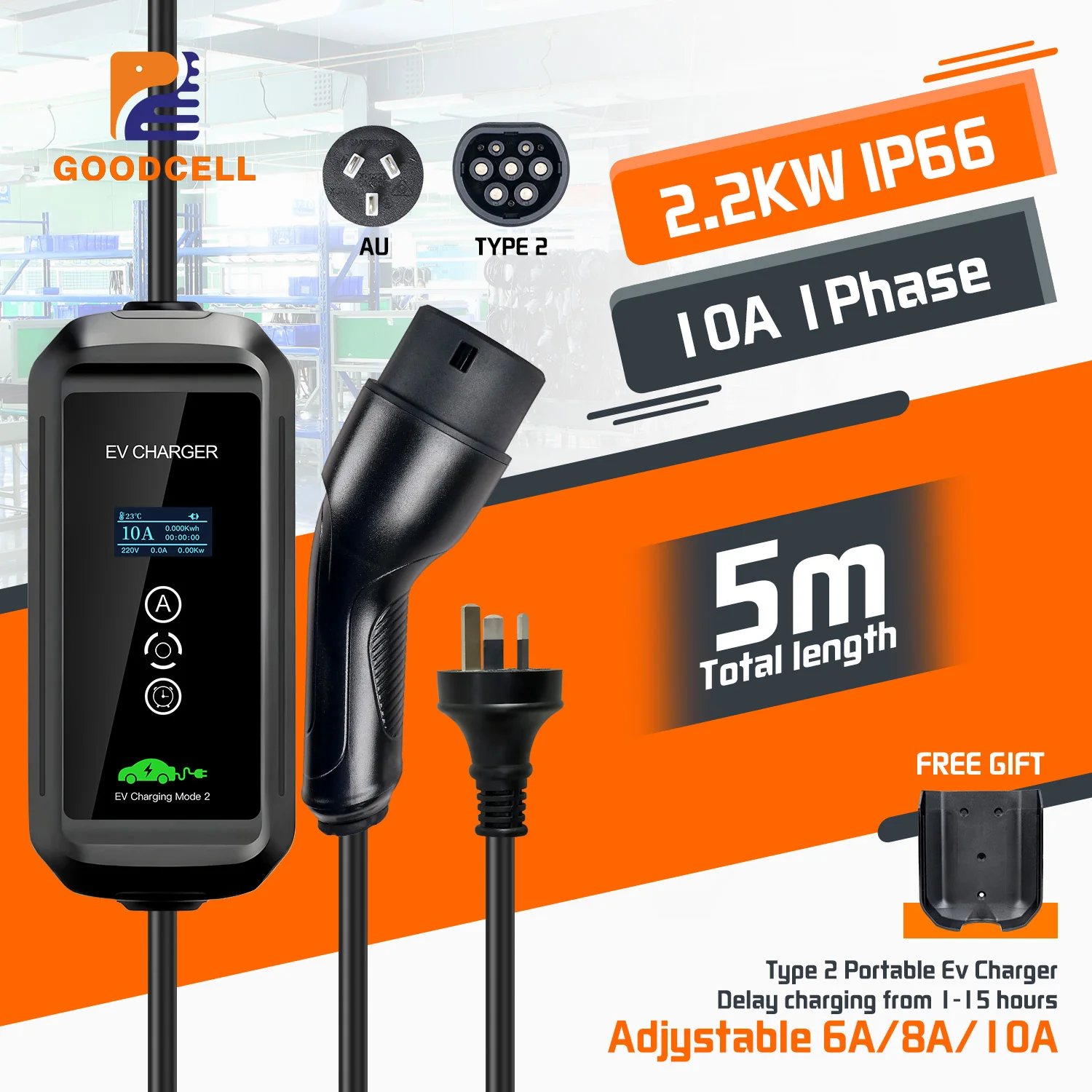 

GOODCELL AU NZ plug Type2 6/8/10A Adjustable 2.2KW EV Charger EVSE Car Home Charging Portable Use for Charge Plug IP 66