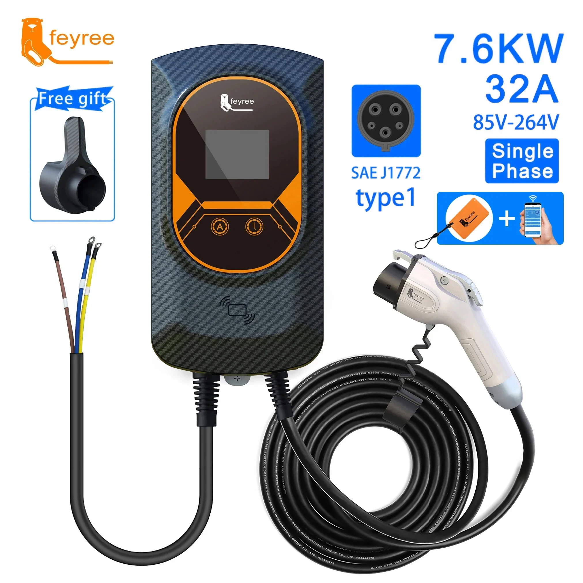 feyree EV Charger Type1 EVSE Wallbox 32A 7.6KW 40A 9.6KW 50A 12KW  1Phase  j1772 Adapter APP Control for Electric Vehicle Car