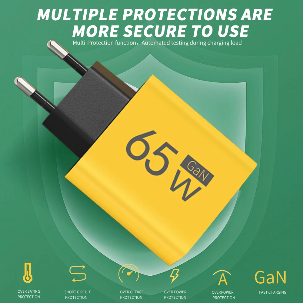 GaN 65W PD USB Supe Fast Charging QC 3.0 3 Ports Type C EU/US Plug Mobile Phone Charger Adapter For iPhone Xiaomi Samsung Huawei