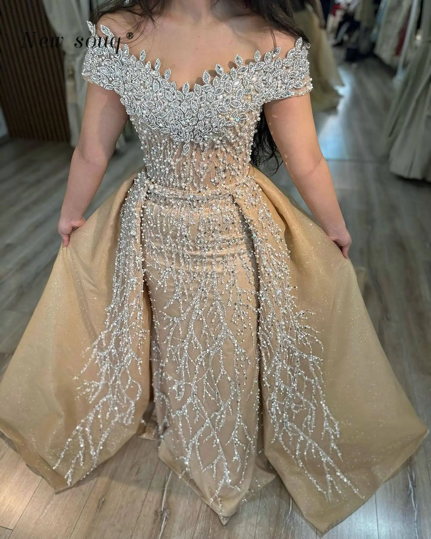 Champagne Off Shoulder Evening Dresses with Detachable Train Customized Arabic Two Pieces Beaded Formal Wedding Party Gowns