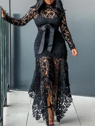 2024 Spring New Fashionable French Lace Stand Up Collar  Bubble Sleeves Waist Cinching Slimming Dress Elegant Long Dress