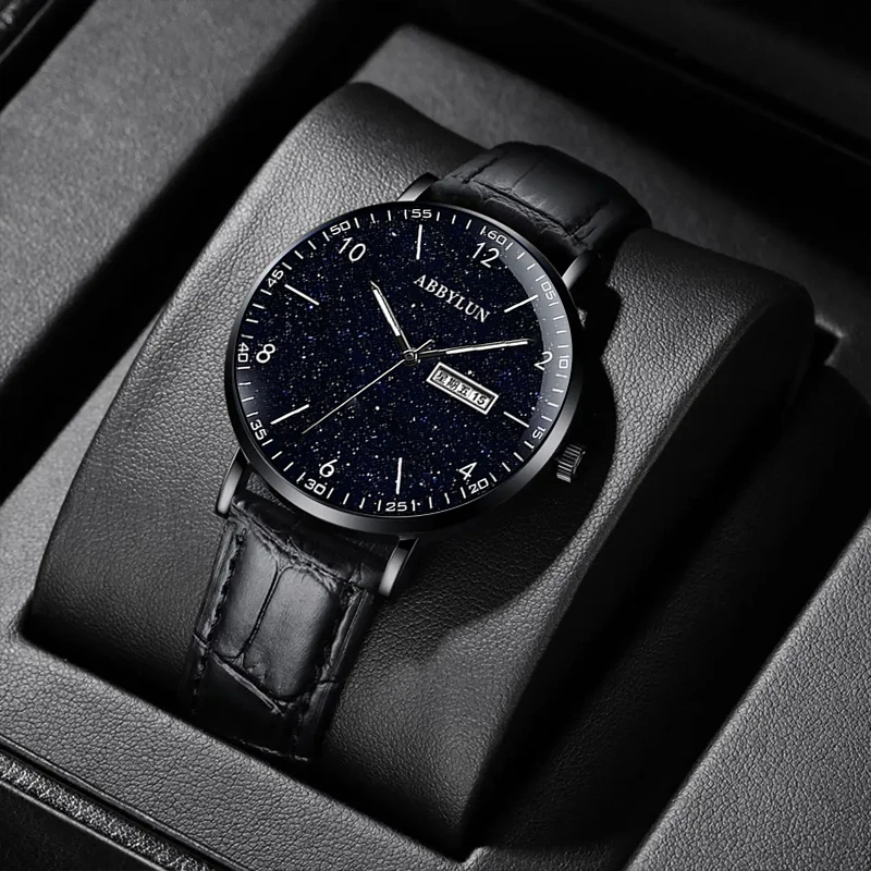 Abbylou 981 jam tangan pria Quartz, jam tangan kulit jaring langit berbintang tahan air untuk pria