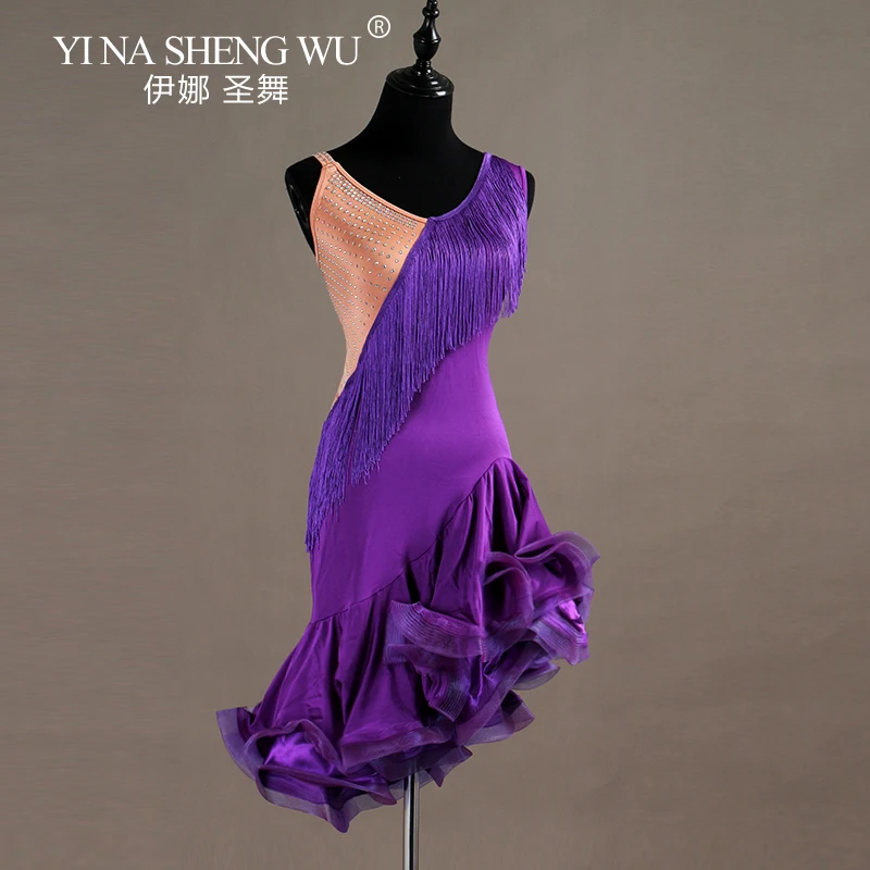 Abito da ballo latino di fascia alta da donna Costume da competizione di ballo latino professionale con nappa di diamanti Gonna a lisca di pesce Abito da ballo Samba