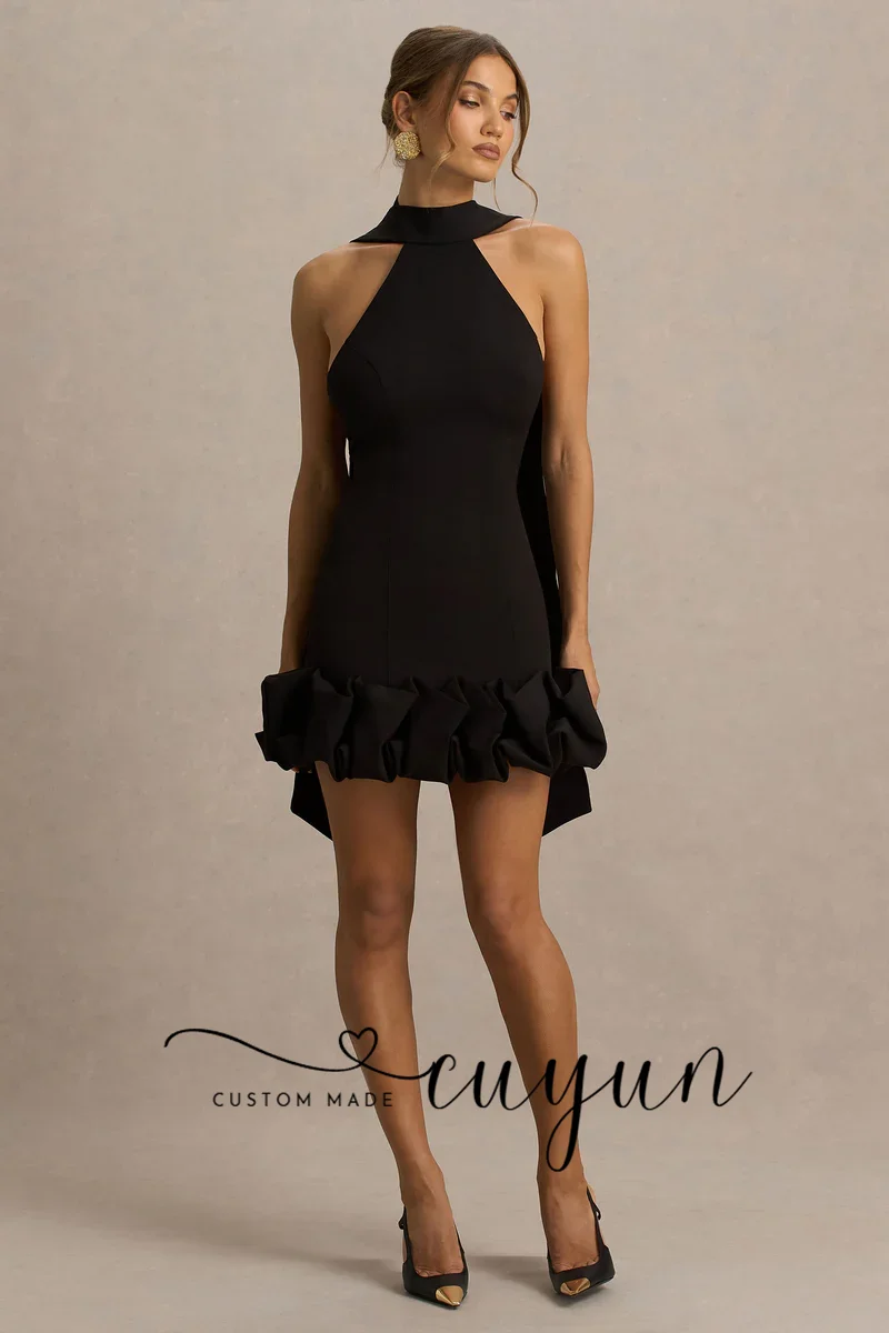 CUYUN Mini abiti da ballo neri personalizzati Halter Backless Pieghettato Night Club Abito da festa Donna Abiti per occasioni speciali Cena