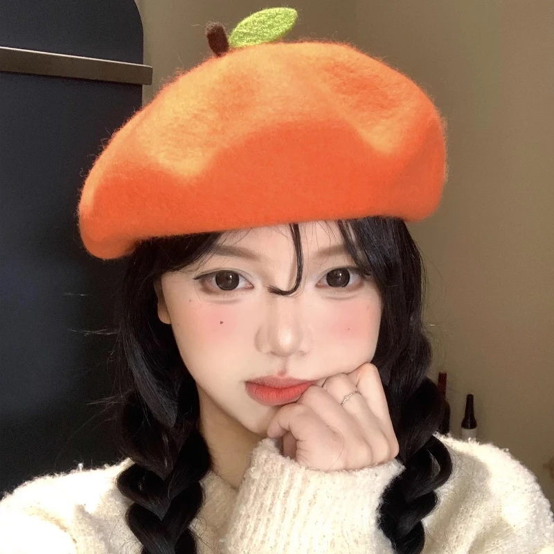 Ins New Funny Cute Orange Woolen Berets Cap for Woman Autumn and Winter Casual Versatile Show Face Small Sweet Painter Hats view 3