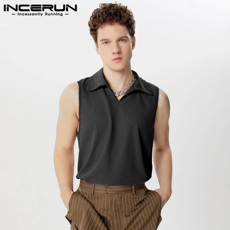 INCERUN Men Tank Tops Solid Color Lapel Sleeveless Streetwear Casual Vests Summer 2024 Korean Style Fashion Men Clothing S-5XL