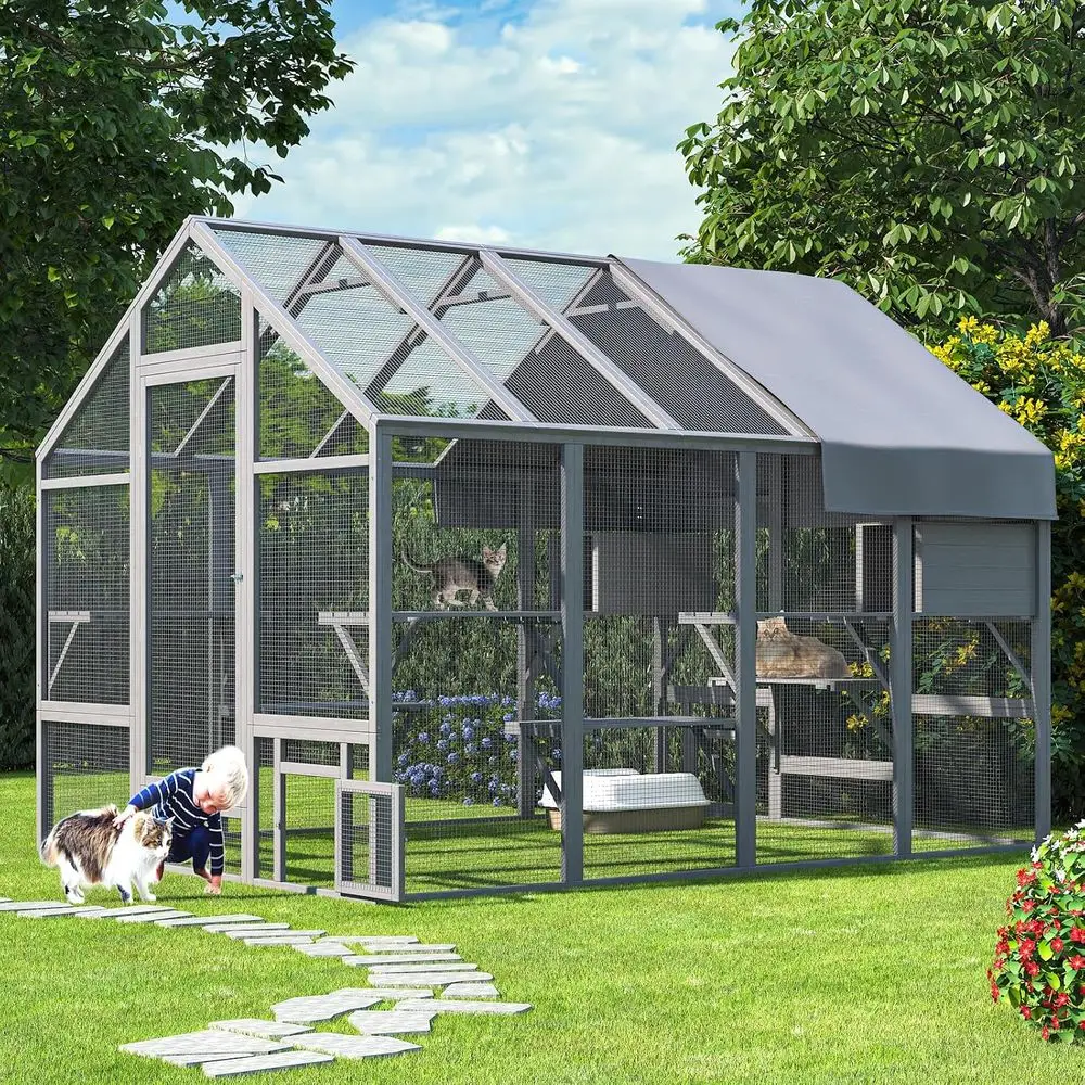 

Large Outdoor Cat Enclosure with 7 Platforms, 2 Boxes, and 2 Bridges, Waterproof and UV-Protected Wooden Cat House, 71 x 71 x 97