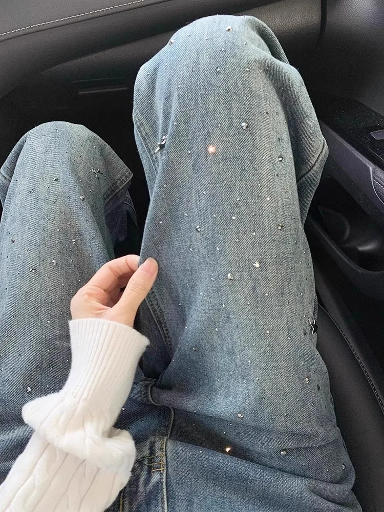 

Ретро-синие джинсы с широкими штанинами и декоративными элементами, женские, весенний дизайн, модные, прямого кроя, зауженные, из денима