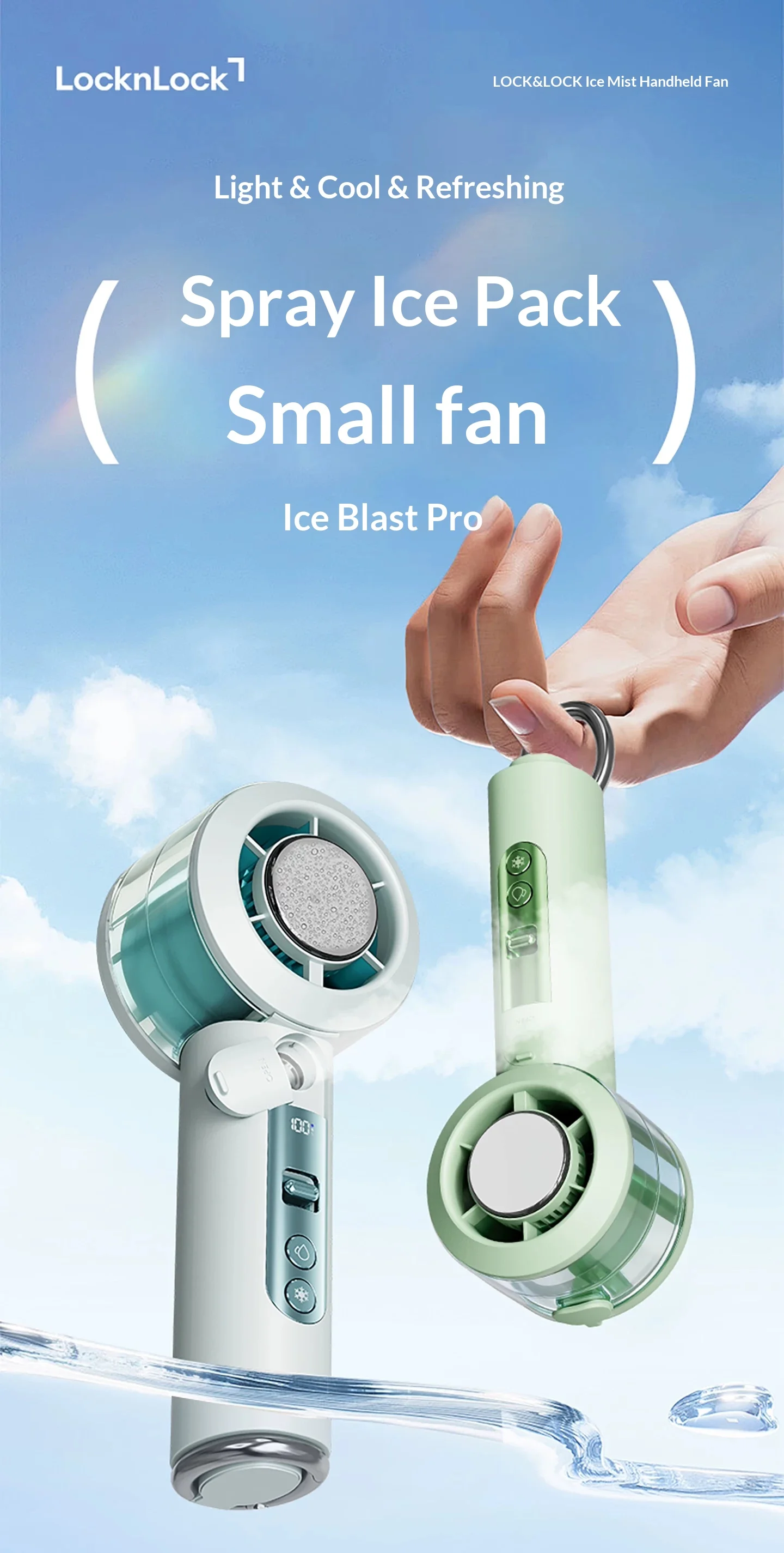LockNLock ENF8129GRN Handheld Fan Spray Ice Compress Double-Effect Cooling Handheld Small Fan Long Battery Life Of 16 Hours Gift
