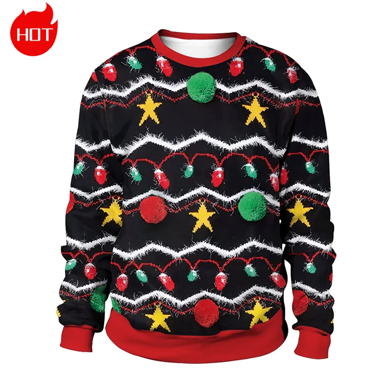 Vintage 3D Merry Christmas Printed Sweatshirts Reindeer Christmas Ornaments Graphic Ugly Christmas Sweatshirts Mens Clothing Top