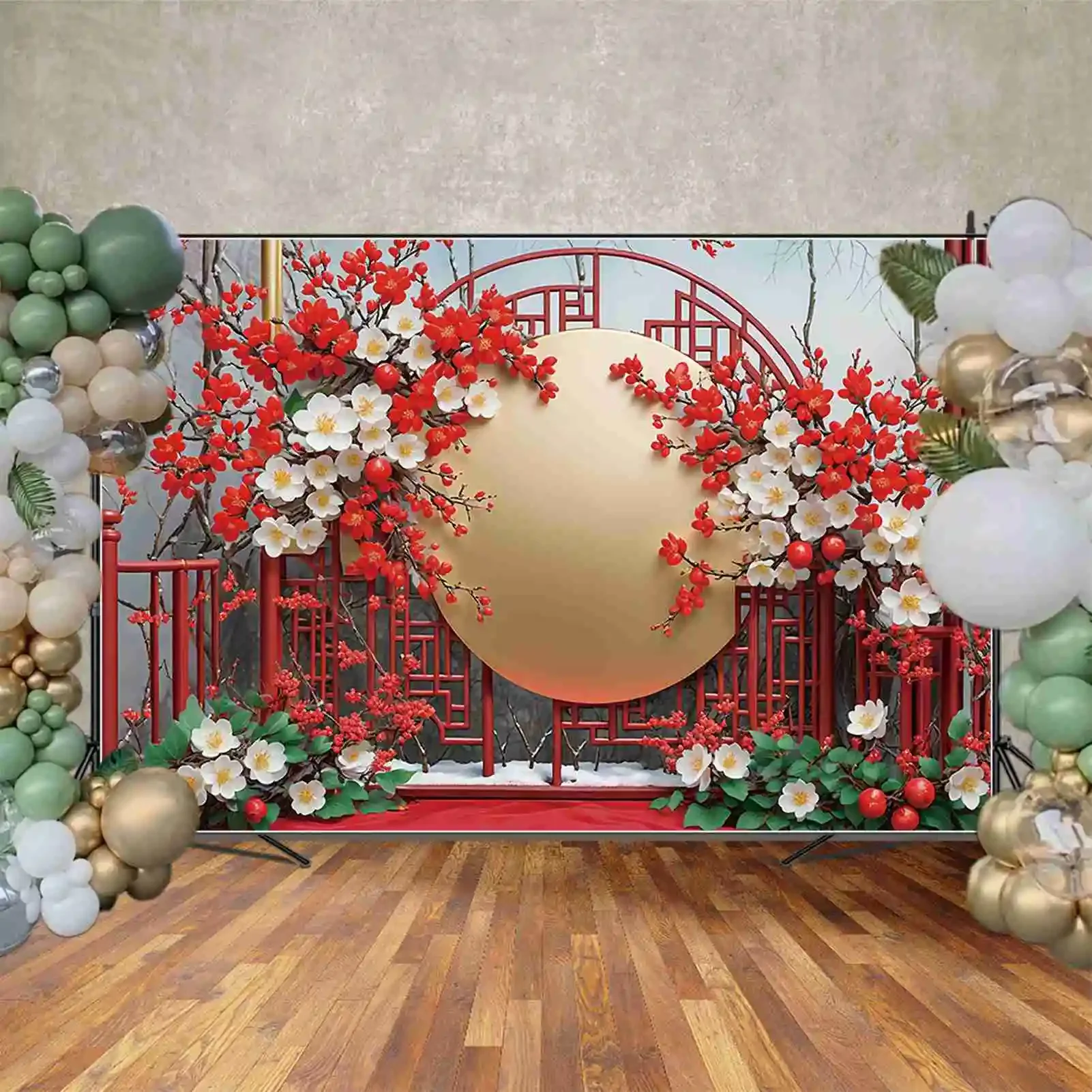 Moon.qg-写真の背景、中国の旧正月、小道具、ランタンプラムの花、写真の背景、ベビースタジオ、フォトゾーン用品、赤、ファン