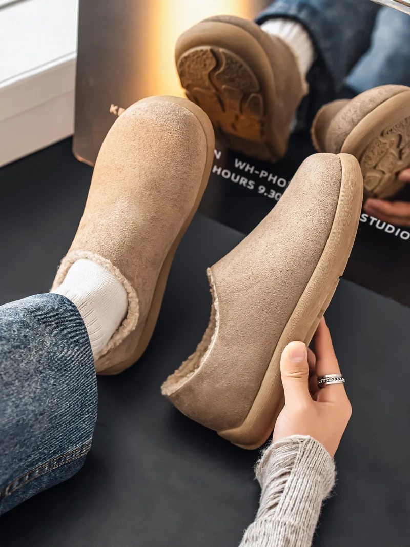 Men's Winter Cotton Slippers Indoor Home Anti-slip Fleece-lined Slip-On Warm Large Size  Covered Toe Cotton Shoes