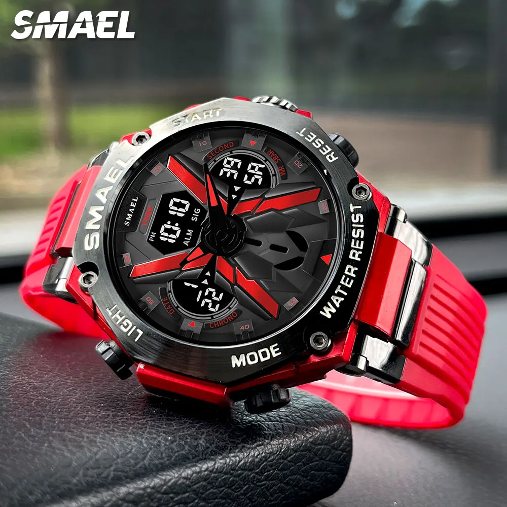 SMAEL Red Sport Digital Watch for Men Fashion Waterproof Dual Time Display Chronograph Quartz Wristwatch with Date Week 8087