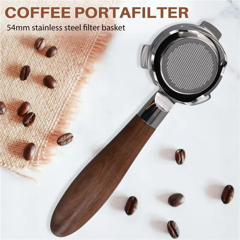 B84B-Bottomless Portafilter 54Mm With Hollow-Carved For Breville Barista Series/Bambino Plus/Infuser Walnut Handle