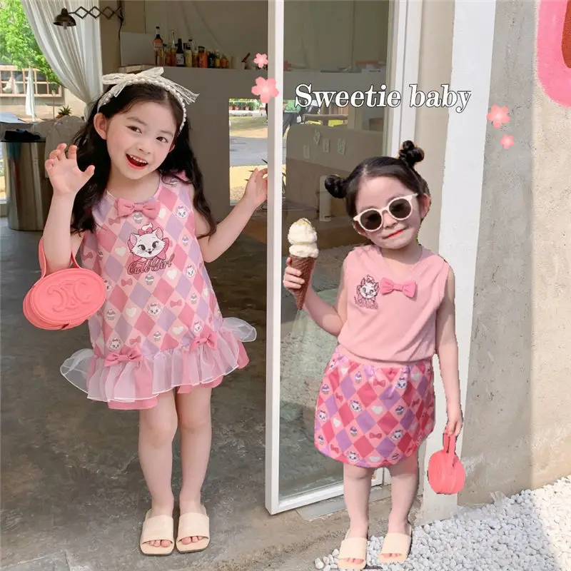 Girl's Dress Summer Girl's Clothes Cartoon Cat Series Lace Mesh Gauze Style Vest Short Skirt Two-piece Suit  Girls Clothes