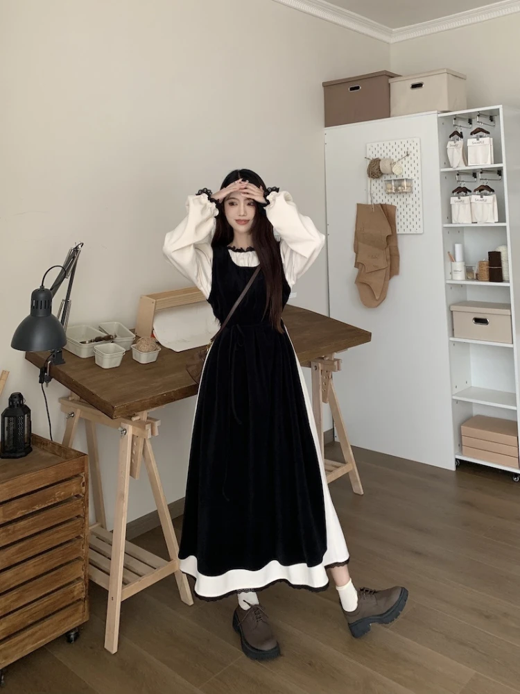 Dress Sets Women Vintage Prairie Chic Panelled Design Defined Waist Autumn New Long Sleeves Sweet Girls Lace Gentle Temperament