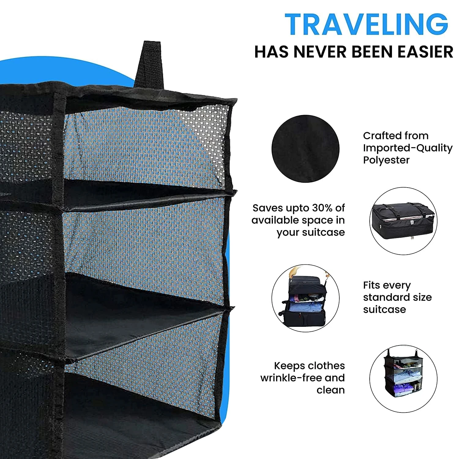 1 Piece Portable Hanging Travel Shelf, 20×17.7inch Luggage Packing Organiser, Large Travel Essentials (Black)