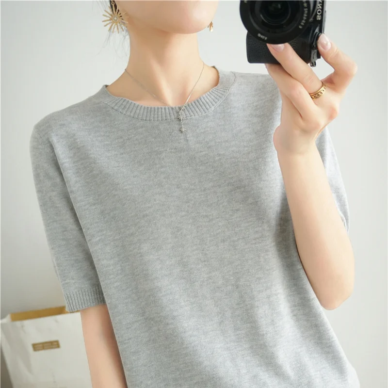 100% cotton short sleeve 2023 summer new women\'s round neck pullover loose solid color top casual fashion women\'s T-shirt