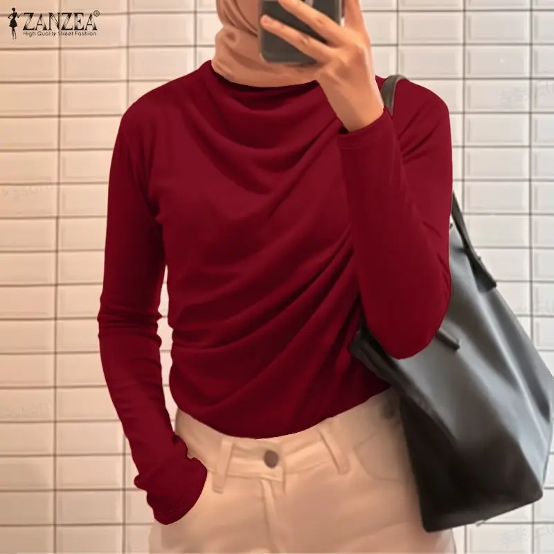 

2026 ZANZEA Мусульманский хиджаб-блузка, модная весенняя женская блузка с длинным рукавом, однотонная, приталенная, элегантная, с вырезом-лодочкой, рабочая рубашка, Mujer