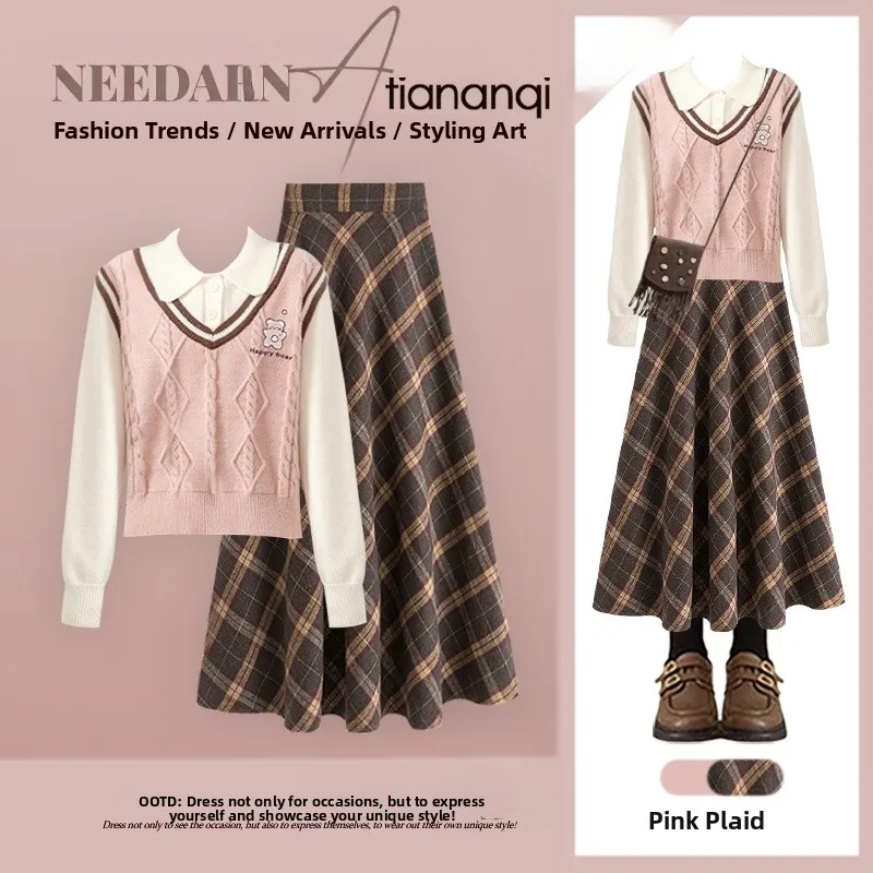

Autumn Design Knitted Sweater And Plaid Skirt Two-Piece Set Anti-Aging Fashionable Versatile Fake Two-Piece Outfit for W...