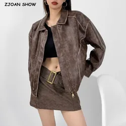 2024 American Retro Coffee PU Leather Jacket The Spice Girls Full Sleeve Zipper Bomber Boyfriend Coat Women Y2K Loose Outwear