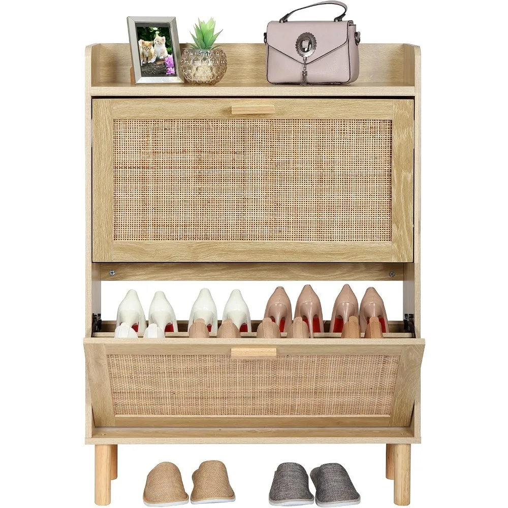 

Finnhomy Extended Edition Shoe Cabinet with Natural Rattan Flip Drawers for Entryway, Free Standing 2 Tier Slim Shoe Organizer