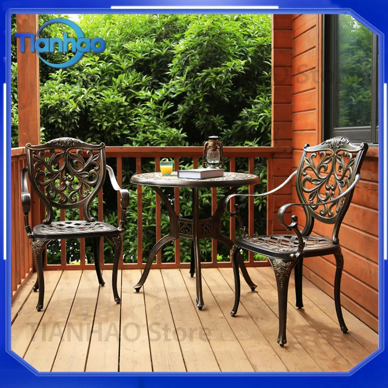 Outdoor Cast Aluminum Wrought Iron Balcony Small Table and Chair Courtyard Leisure Three-Piece Set for Terrace