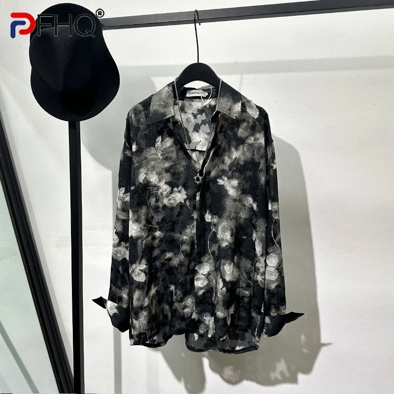 PFHQ Men\'s Light Luxury Print Tops Summer Three-dimensional Translucence Loose Fitting Breathable Shirts Niche Design 21Z4384