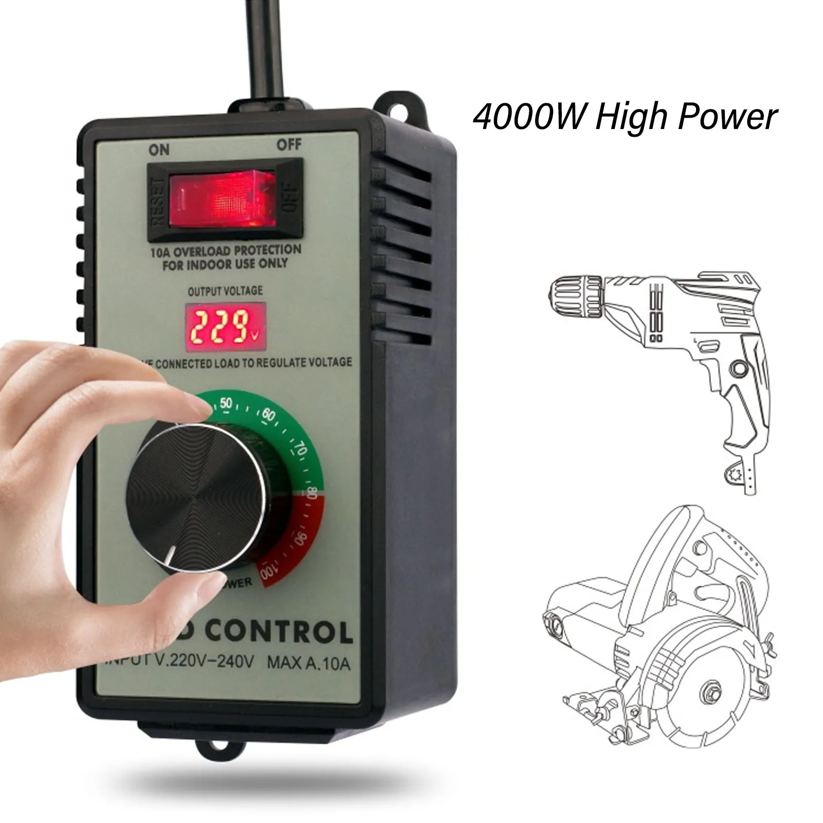 AC Motor Speed Controller Electric Fan Variable Speed Controller With 10A Universal Socket EU Plug AC220 to 240V 4000W