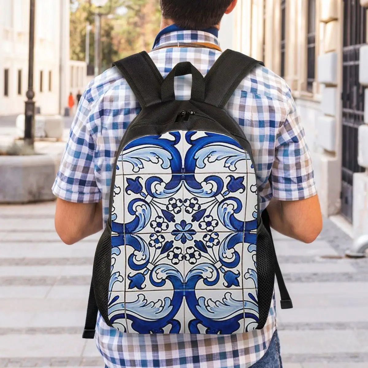 Antique Classic Lisbon Blue Azulejo Tile Floral Backpack Student Boys Girls BookBag School Bag Laptop Shoulder Bags