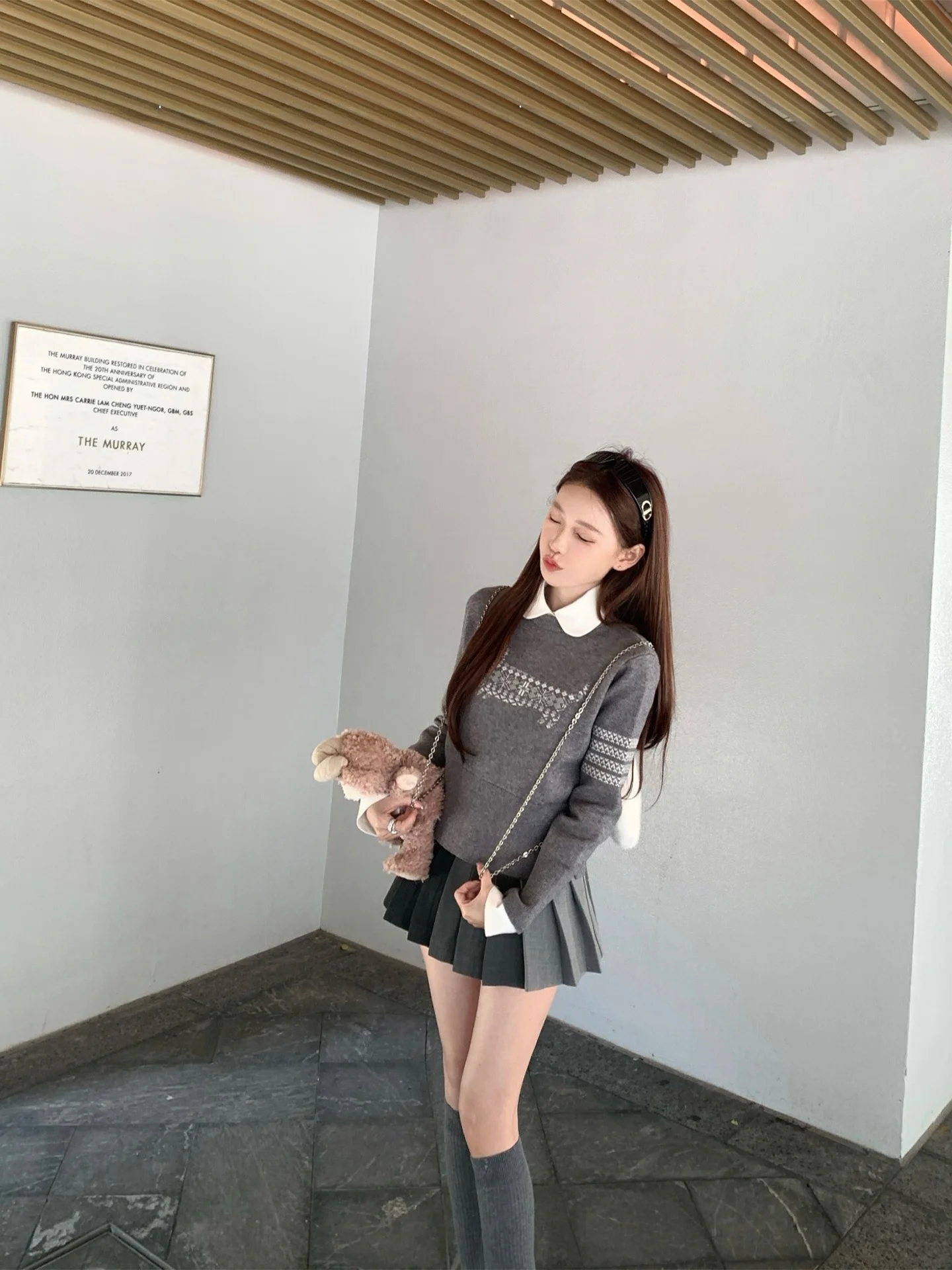 

Coolline Grey School Style Sweater Shirt And Skirt Set Women's Fashion Spring Outfit High Waist A-Line Skirt Long Sleeve