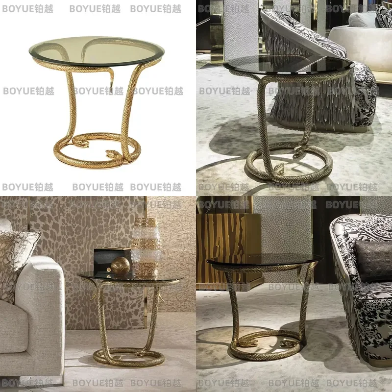 Modern Luxury Pure Copper Snakehead Edge Side Table Tempered Glass Top Creative Corner Sofa End Table for Living Room Decor