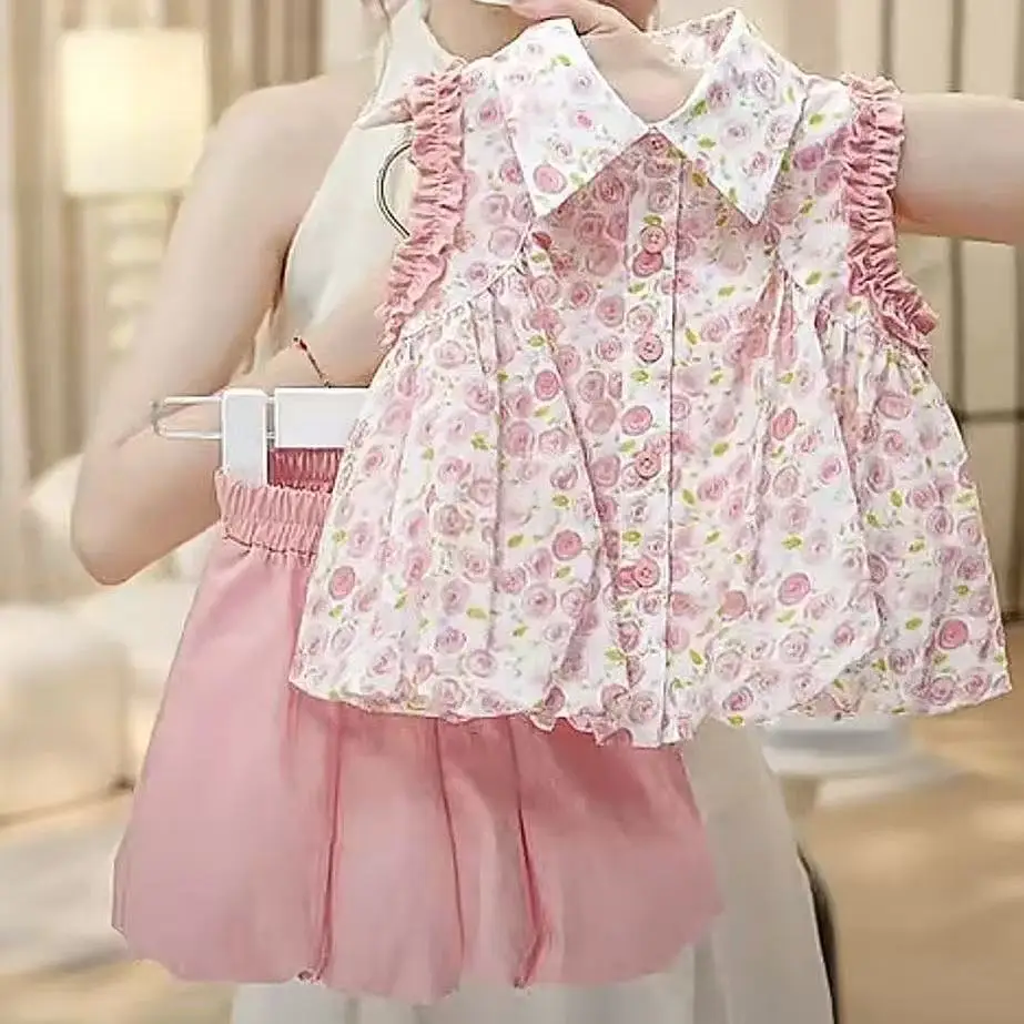 2026-夏の新しい女の子-2-ピース衣装ファッション花柄トップ-バドショーツセット子供服-90-140-センチメートル