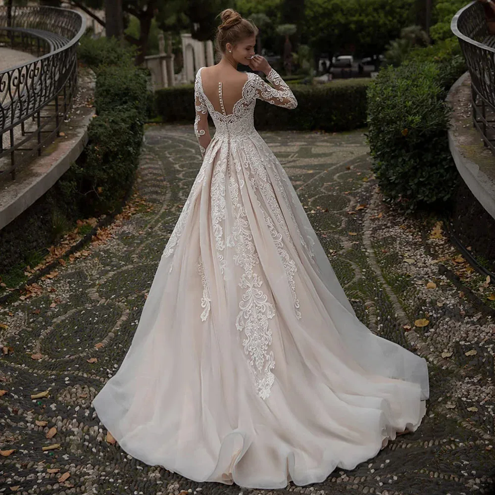 MANRAY Luxury Wedding Dress Long Sleeves Sweetheart Delicate Lace Bridal Gown Sweep Train A Line Bride Dresses Vestidos De Novia