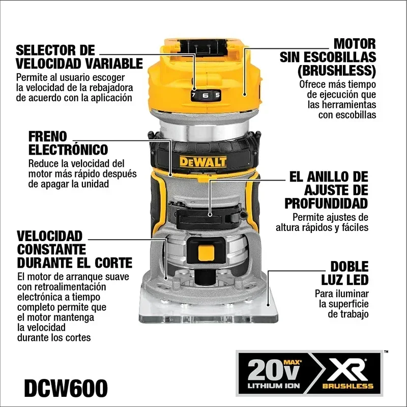 DEWALT DCW600B Brushless Electric Hand Trimmer Cordless Wood Router Woodworking Engraving Slotting Trimming Machine Power Tool